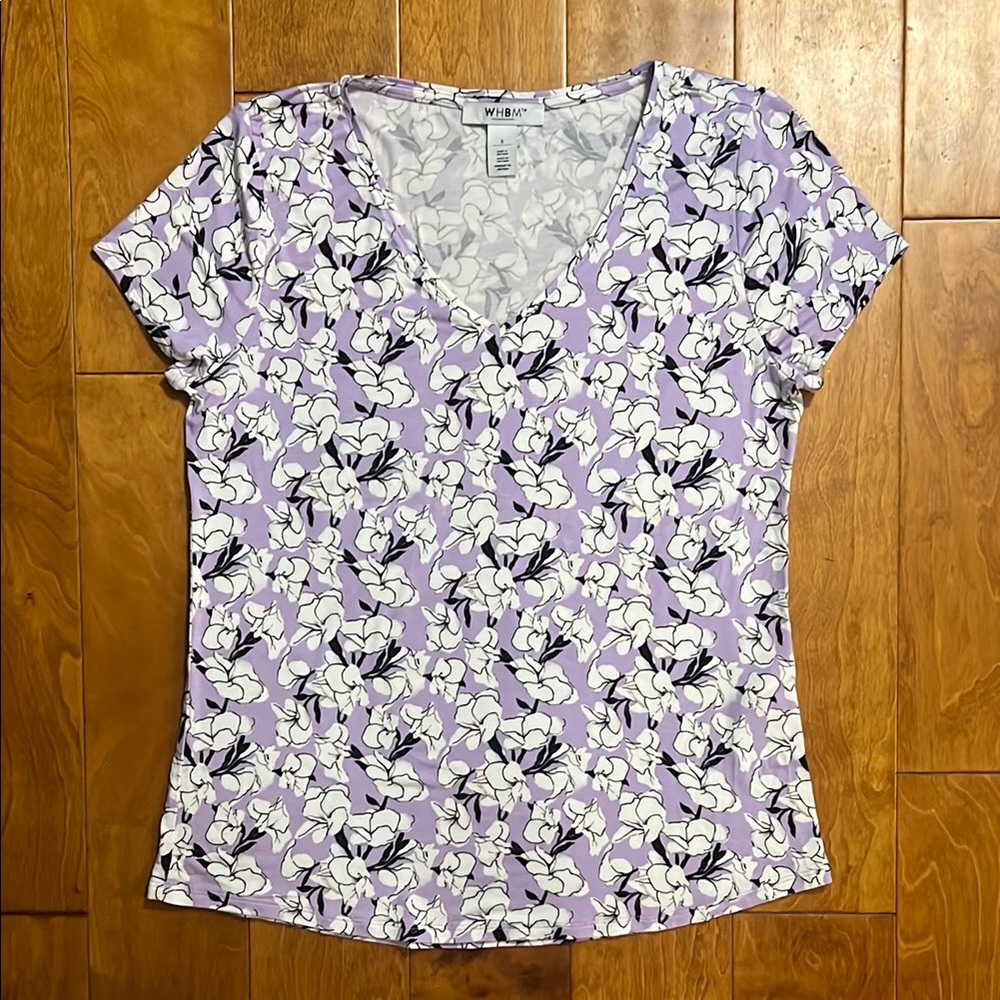 White House Black Market Purple Floral V-Neck Top Size S Casual Cottagecore